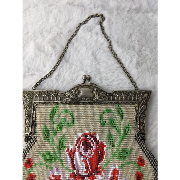Vintage Mini Purse Sterling‎ Silver Frame Kiss lock Bracket Handle Beaded Floral - Picture 2 of 8